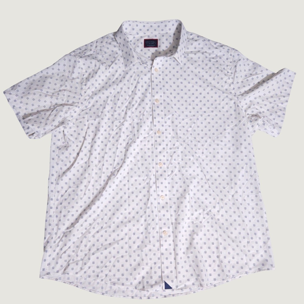UNTUCKit Mens XXL White Blue Geometric Print Short Sleeve Button Down Shirt